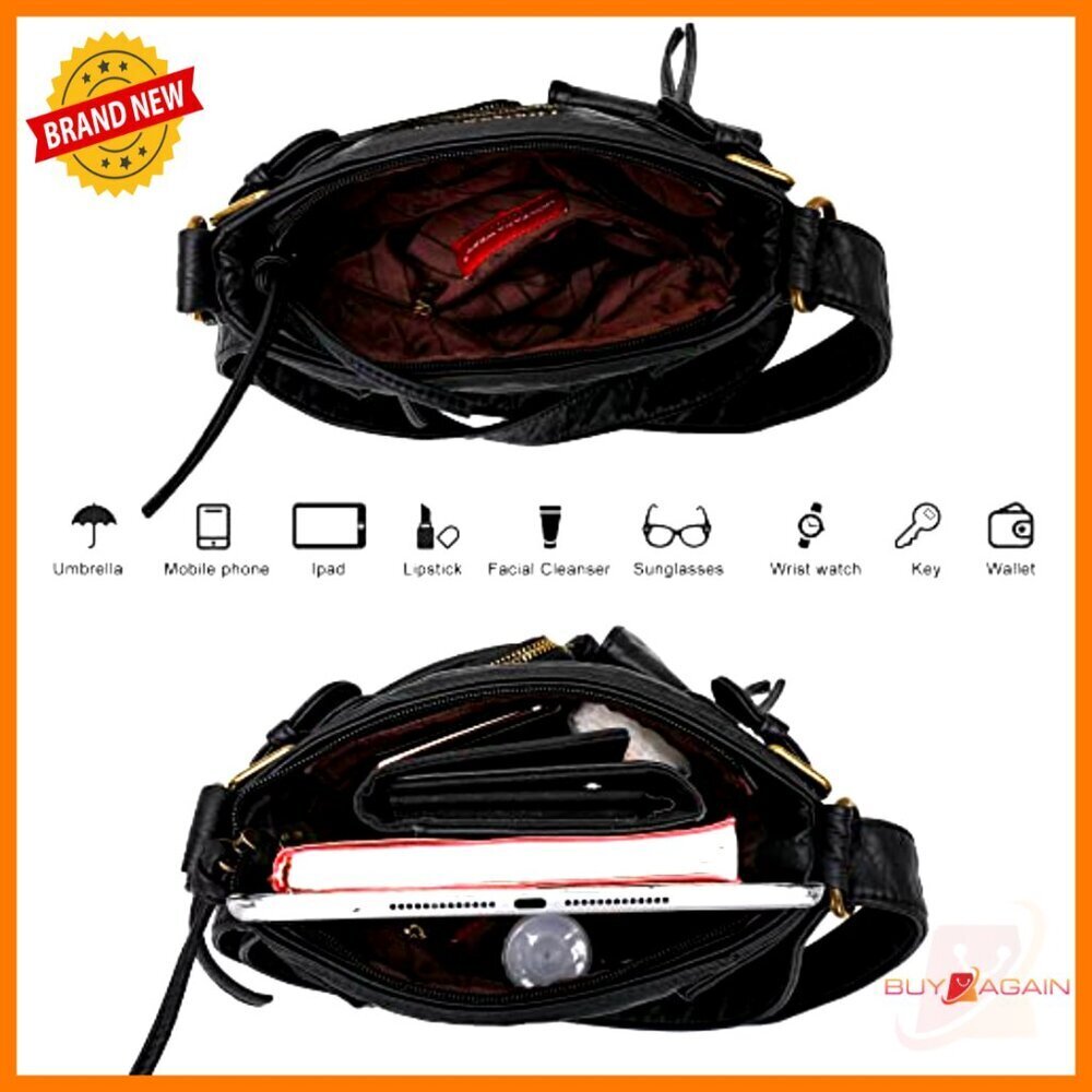 Vegan Leather Crossbody Bag with 9 Pockets, Adjustable Strap - Picture 5 of 7
